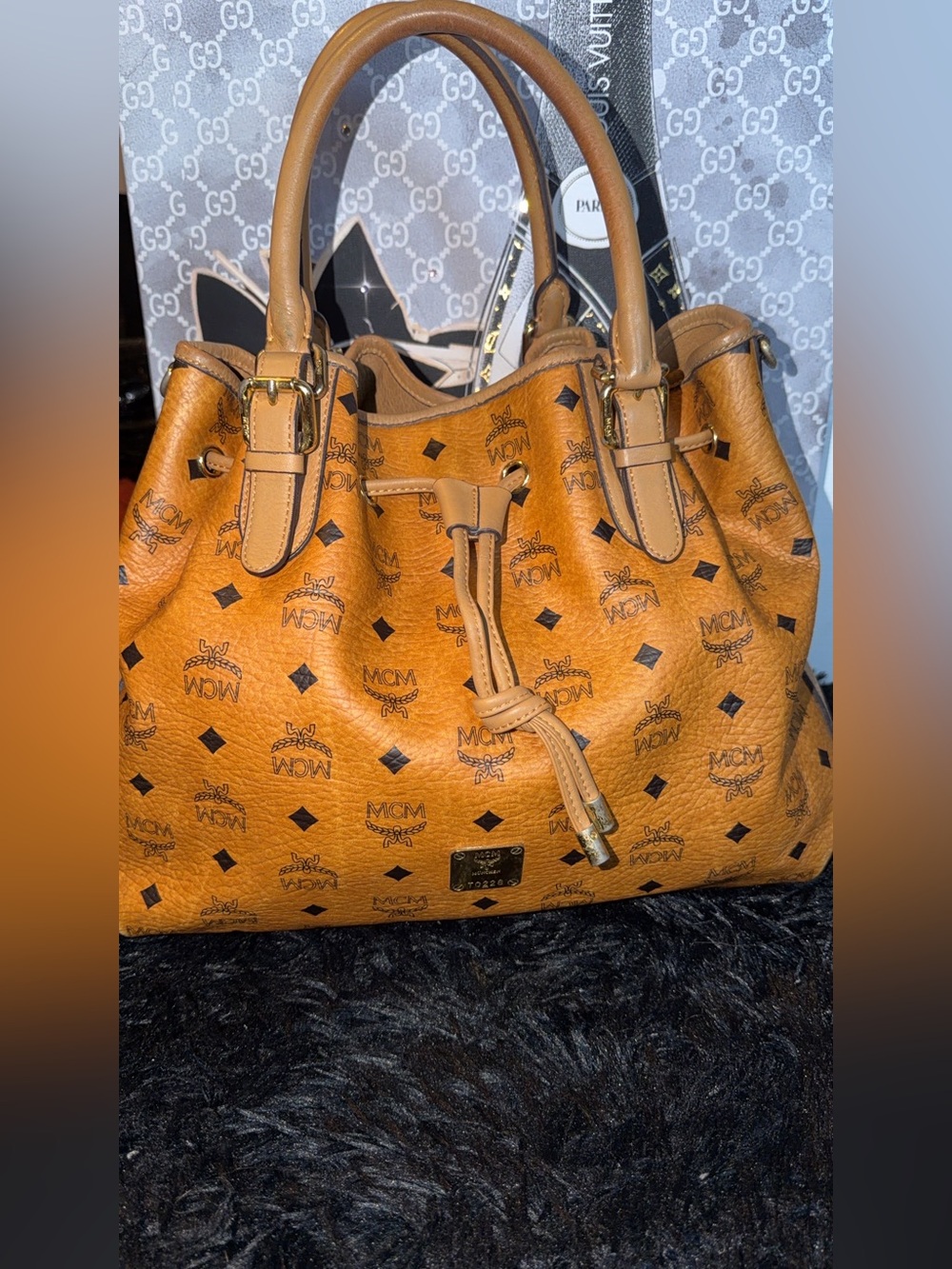 MCM Cognac Visetos Drawstring Shoulder Bag